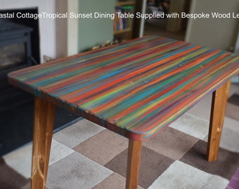 Tropical Sunset Wood Dining Table Hand Painted in our Unique Old Boat Wood Style Finish with Tapered Wood Medium Oak Stain Legs