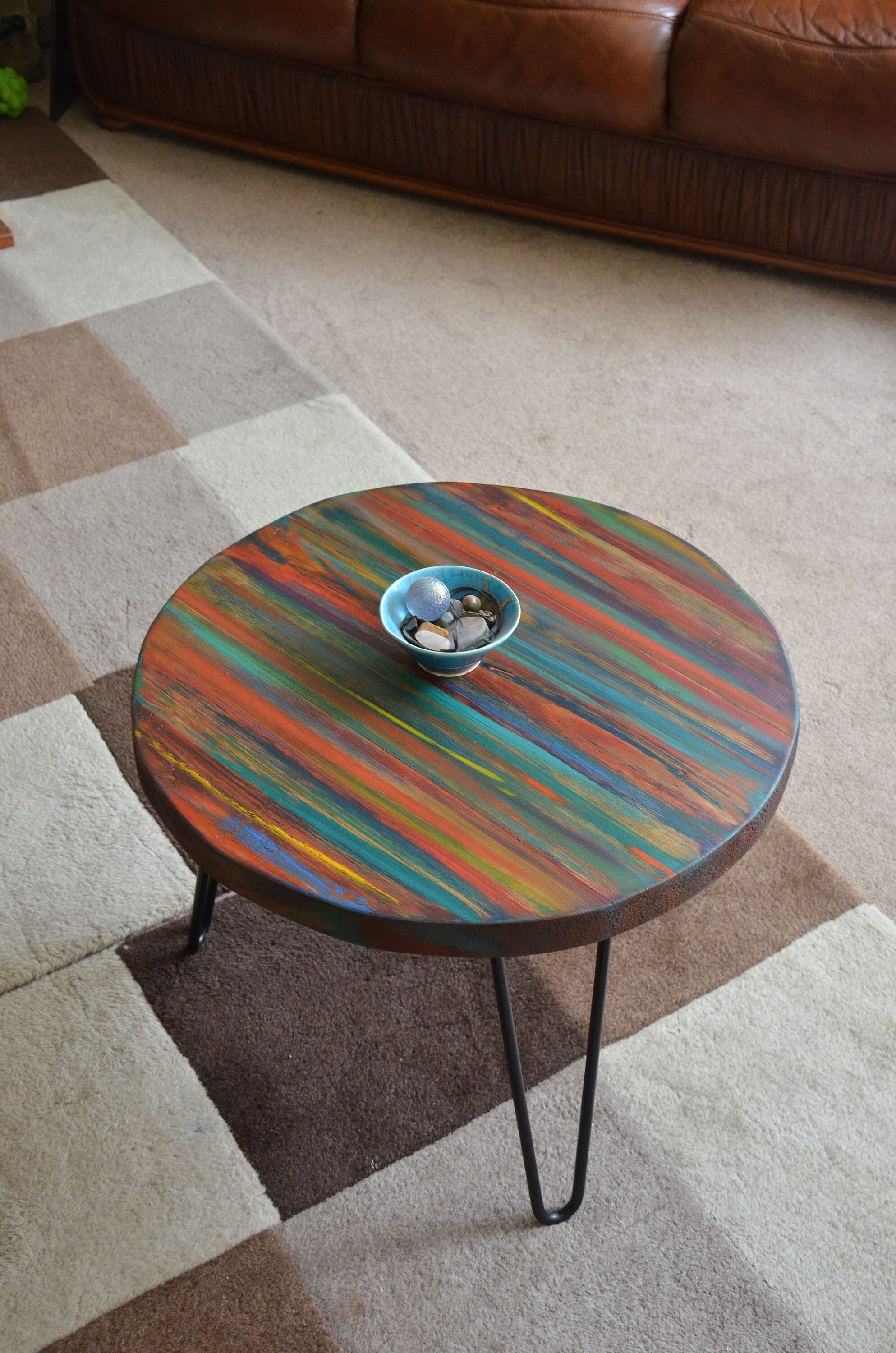 Round Wood Coffee Table Tropical Sunset Coastal Cottage Hand Painted  Contemporary Multi Coloured Finish 3 X 16 Black Metal Hair Pin Legs 