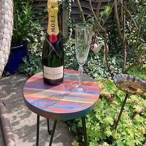 Small Outdoor Table 30 cm Round Tropical Sunset Colours 30 cm Dia Marine Varnish Finish + 3 x 16&quot; L Black Metal Hairpin Legs Made 2 Order