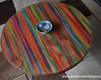 Round Coffee Table Coastal Wood Furniture Tropical Sunset Colours with Metal Hair Pin Or Tapered Wood Legs Inspired Living Room Decor