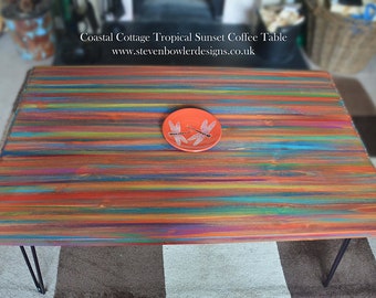 Tropical Sunset Wood Coffee Table Hand Painted in Unique Multi Coloured Finish Supplied with 16" Black Metal Hair Pin Legs 1 LEFT IN STOCK