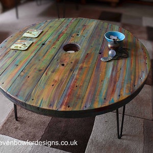 Reclaimed Wood Round Coffee Table Handcrafted Cable Drum Spool Top Hand Painted Multi Coloured Muted Shades + 16"  Black Metal Hair Pin Legs