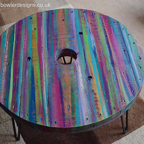 Multi Coloured Old Boat Wood Style Spool Coastal Coffee Table 61 cm x 61 cm Diameter  3 Sleek Black Metal Hairpin Legs Made to Order