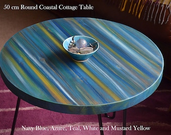 Round Wood Coffee Side Table Hand Painted Coastal Cottage Harbour Lights Colour 50 cm Diameter + 3 x 16" L Black Metal Hairpin Legs In Stock
