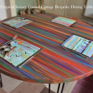Tropical Sunset Coastal Cottage Dining Table 90 cm Diameter Handcrafted to Order in our Unique Old Boatwood Style Multi Coloured Finish