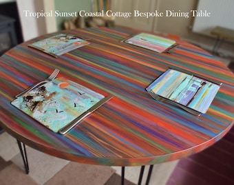 Tropical Sunset Coastal Cottage Dining Table 90 cm Diameter Handcrafted to Order in our Unique Old Boatwood Style Multi Coloured Finish