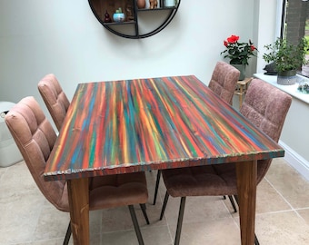 CUSTOM ORDER for Drusilla 160 cm x 70 cm Rectangle Wood Dining Table Unique Tropical Sunset Colours Medium Oak Stain Tapered Wood Legs