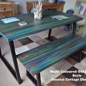 Ocean Sunset Coastal Cottage Old Boat Wood Style Dining Table Set 140 cm L x 80 cm W x 75 cm H + Matching Bench + Black Trapezium Style Legs