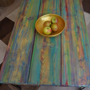 Wood Coffee Table Unique Hand painted Multi Coloured Finish with 16" L Sleek Black Metal Hair Pin Legs Tapered Wood Legs Also Available image 6