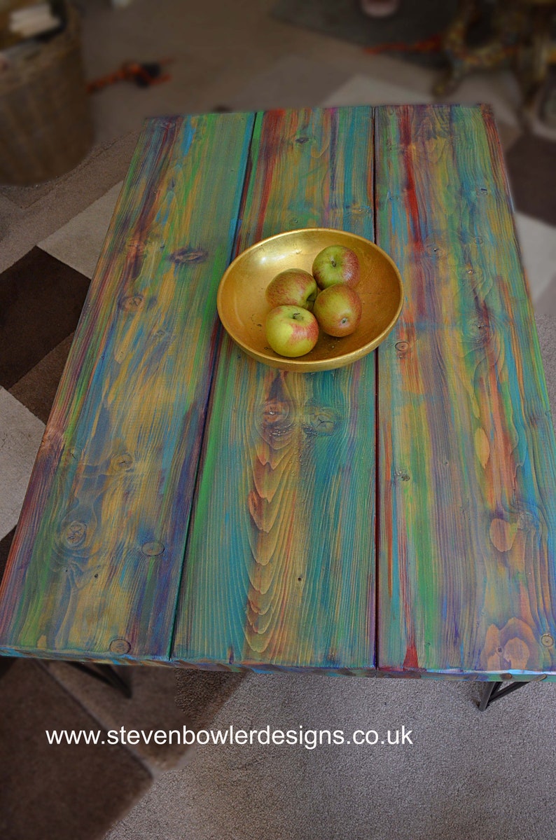 Wood Coffee Table Unique Hand painted Multi Coloured Finish with 16" L Sleek Black Metal Hair Pin Legs Tapered Wood Legs Also Available image 6