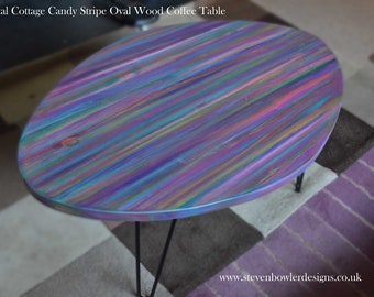 Modern Oval Wood Coffee Table Hand Painted in Our Unique Old Boat Wood Style Candy Stripe Colour Scheme with 16" Black Metal Hair Pin Legs