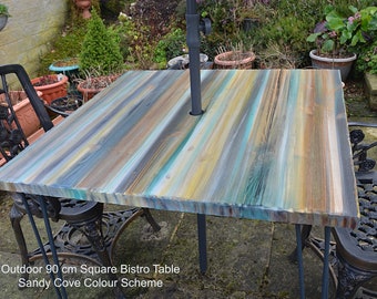 Outdoor Coastal Cottage Multi Coloured Bistro Table Old Boat Wood Style Sandy Cove Pastel Shades supplied with Black Metal Hair Pin Legs