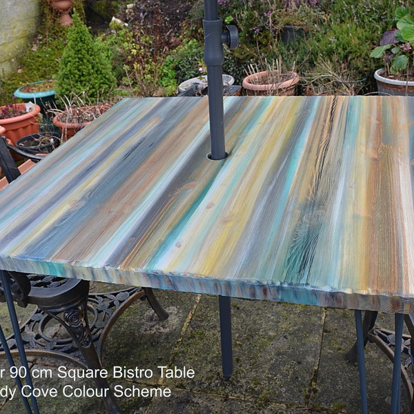 Outdoor Coastal Cottage Multi Coloured Bistro Table Old Boat Wood Style Sandy Cove Pastel Shades supplied with Black Metal Hair Pin Legs