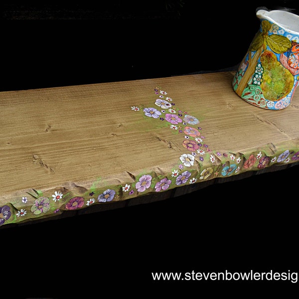 Hand Painted Country Cottage Flowers Cottage Core Decorative Floating Shelf Supplied with Fixings and Rawls Ready to Hang