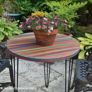 Outdoor Furniture Garden Bistro Table Multi Coloured Tropical Sunset Colours Supplied with Black Metal Hair Pin Legs Marine Varnish Finish