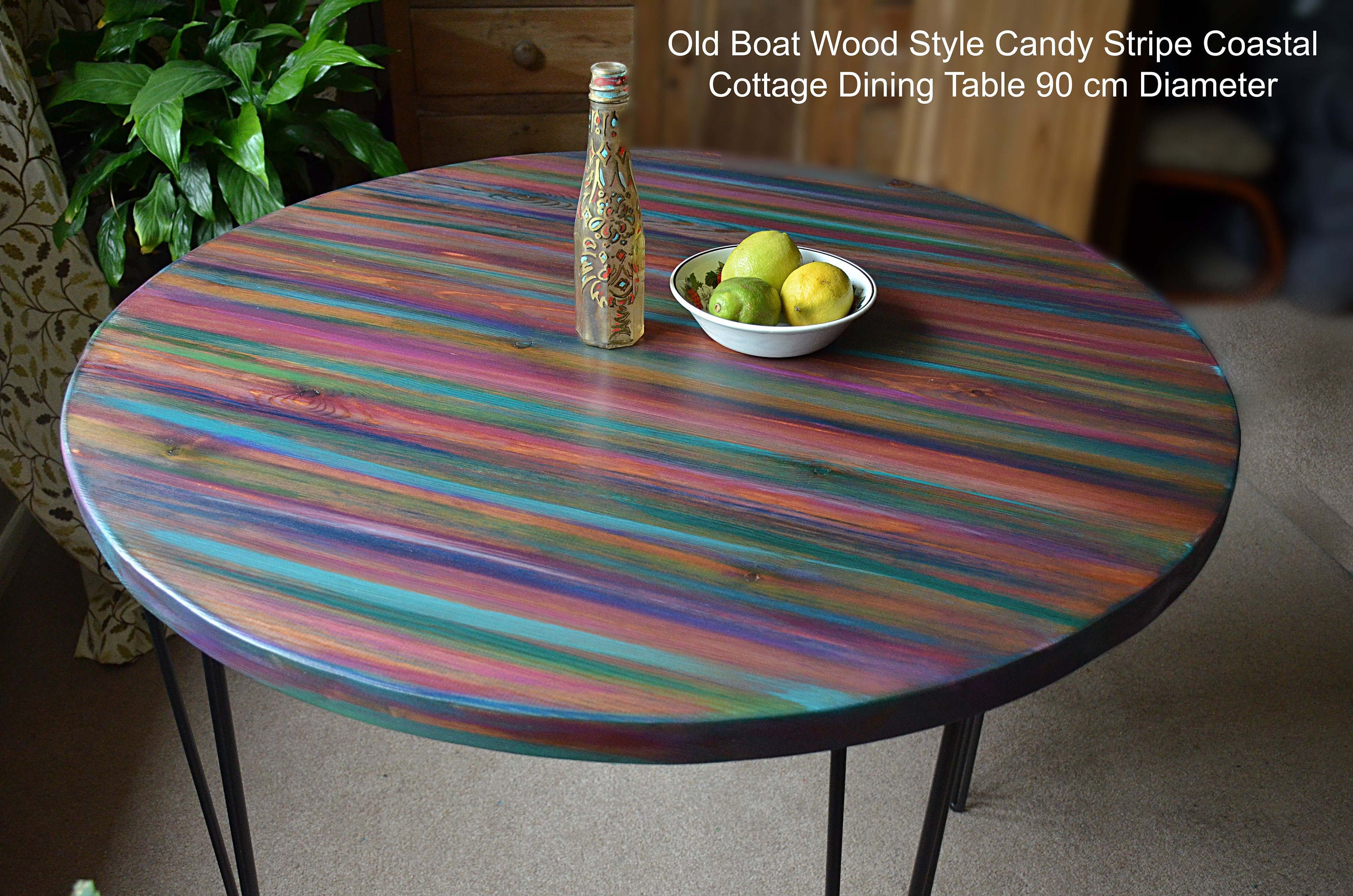 Round Wood Dining Table Hand Painted Unique Multi Coloured Old