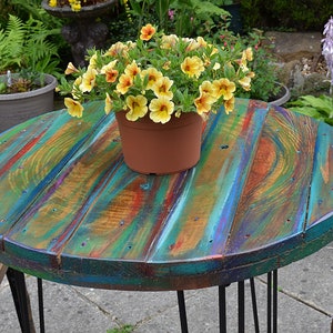 Outdoor Furniture Garden Bistro Table Multi Coloured Spool Top Supplied with Black Metal Hair Pin Legs Protected with Marine Varnish Finish