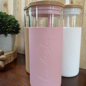Engraved Custom Glass Tumbler with Bamboo Lid and Straw ,Glass Tumbler with Silicone Sleeve, Gifts for Her, Bridesmaid Gift, Personalized image 7