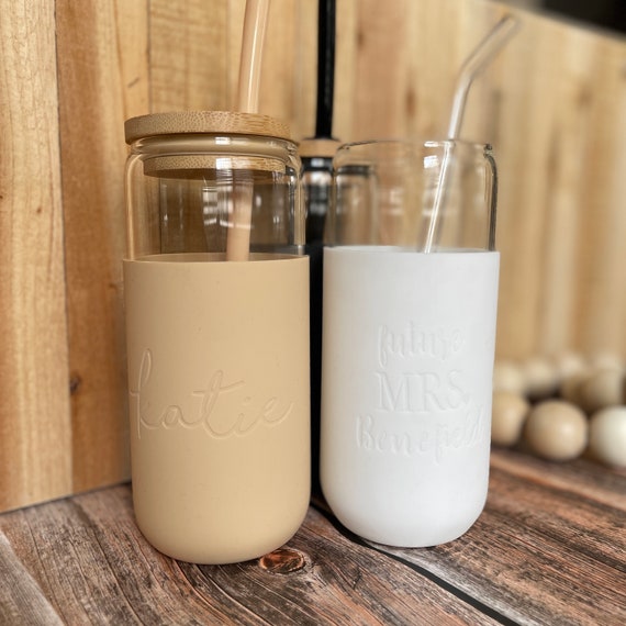 Engraved Custom Glass Tumbler With Bamboo Lid and Straw ,glass Tumbler With Silicone  Sleeve, Gift for Her, Bridesmaid Gift, Personalized 
