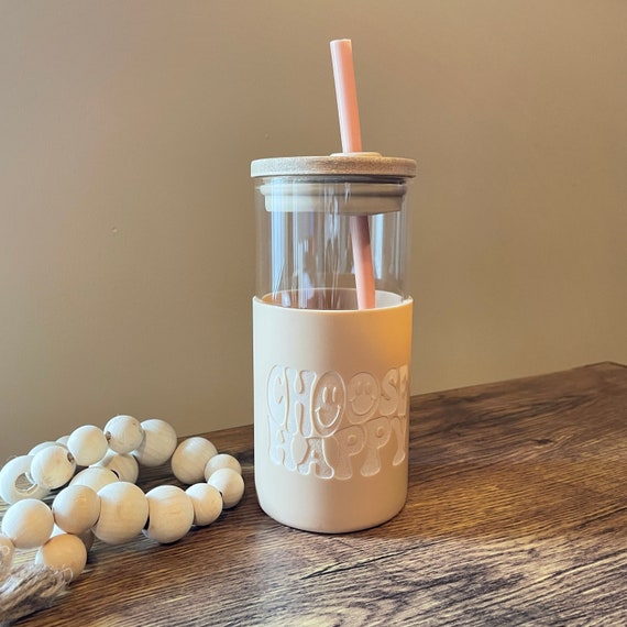 Engraved Glass Tumbler With Straw and Lid Boho Style Tumbler 