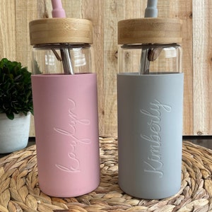 Engraved Custom Glass Tumbler with Bamboo Lid ,Glass Tumbler Silicone Sleeve, Gift for Her, Bridesmaid Gift, Personalized