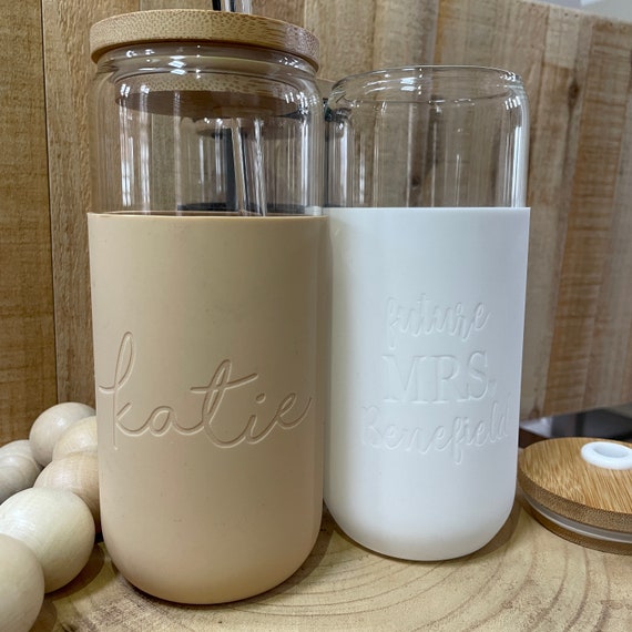 Engraved Custom Glass Tumbler With Bamboo Lid and Straw ,glass Tumbler With Silicone  Sleeve, Gift for Her, Bridesmaid Gift, Personalized 