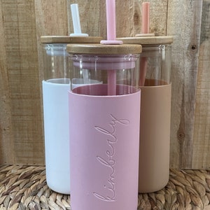 Engraved Custom Glass Tumbler with Bamboo Lid and Straw ,Glass Tumbler with Silicone Sleeve, Gifts for Her, Bridesmaid Gift, Personalized