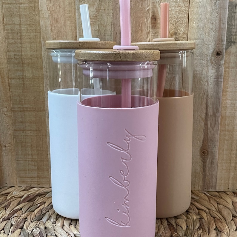 Engraved Custom Glass Tumbler with Bamboo Lid and Straw ,Glass Tumbler with Silicone Sleeve, Gifts for Her, Bridesmaid Gift, Personalized image 1