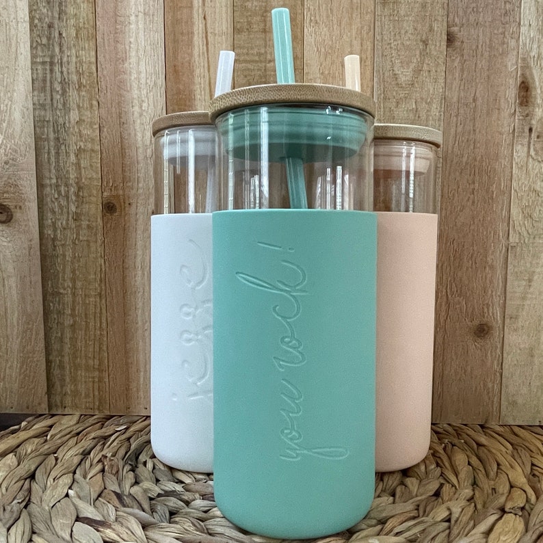 Engraved Custom Glass Tumbler with Bamboo Lid and Straw ,Glass Tumbler with Silicone Sleeve, Gifts for Her, Bridesmaid Gift, Personalized image 5