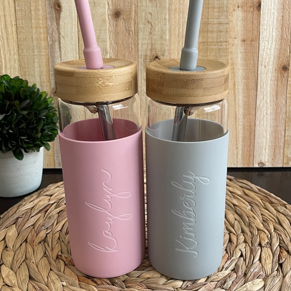 Engraved Custom Glass Tumbler With Bamboo Lid and Straw ,glass Tumbler With  Silicone Sleeve, Gift for Her, Bridesmaid Gift, Personalized 
