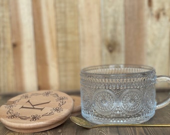 Custom Engraved  Glass Coffee Mug, Embossed Glass with Wooden Lid, 14oz, Vintage Bowl, Gifts for Her, Birthday Gift, Bridesmaid Gift