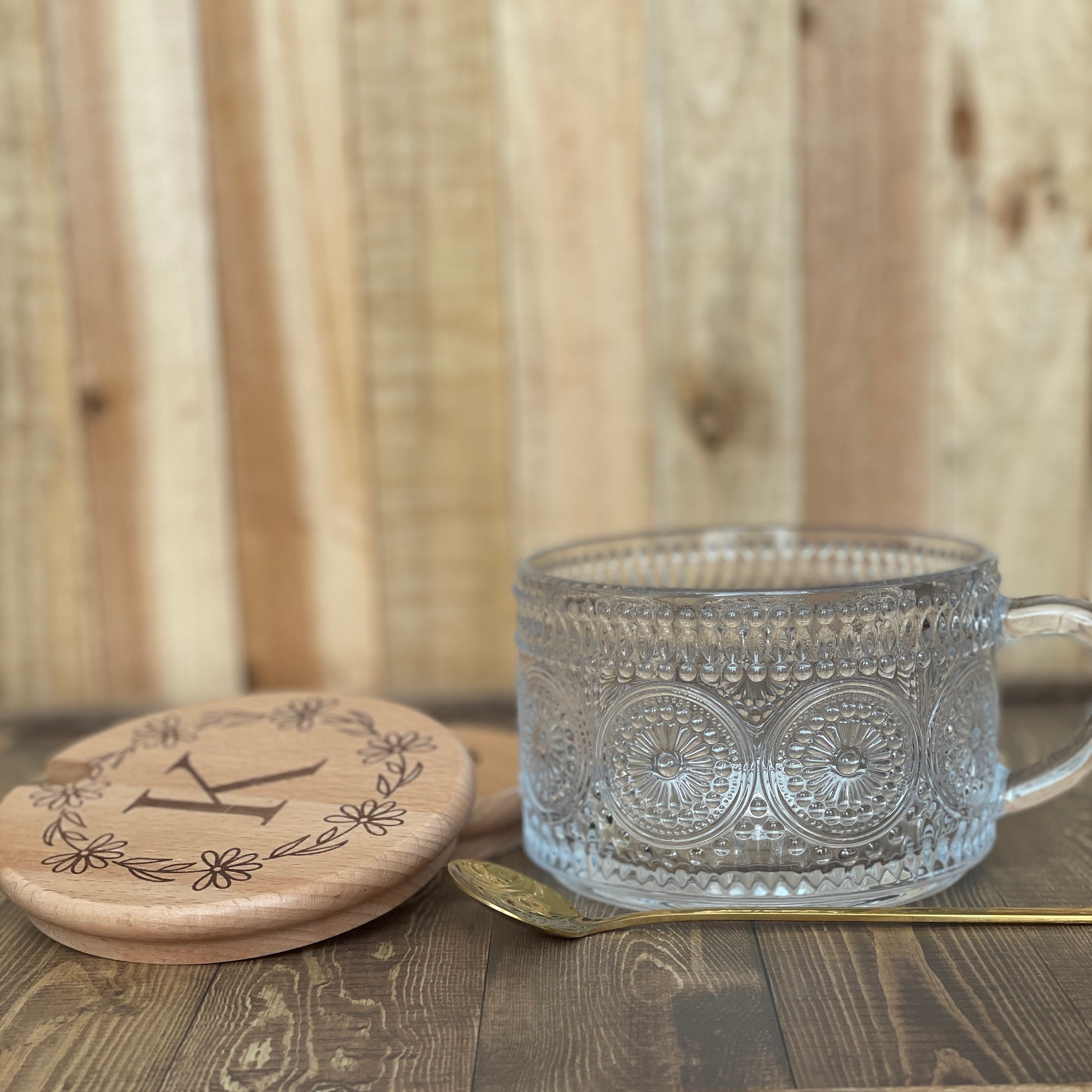 Vintage Glass Coffee Mugs Set of 4,Clear Embossed Glass Tea Cups with  Bamboo Lids and Spoons, Cute C…See more Vintage Glass Coffee Mugs Set of  4,Clear