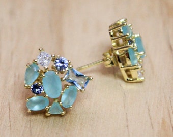 aquamarine gold statement earrings, gemstone stud earrings