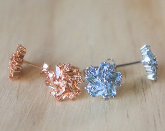 Flower stud earrings silver or rose gold, blue topaz and citrine earrings studs gift for her or bridesmaid gift