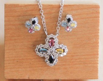silver cross necklace with stud earrings, gemstone statement necklace - silver earrings with blue topaz, citrine, pink sapphire, onyx