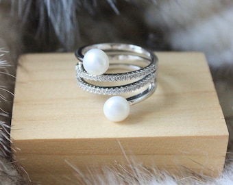 Sterling silver pearl ring, freshwater pearl with stones statement ring, size 7