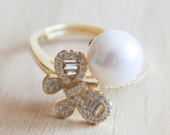 pearl ring gold with sterling silver, freshwater pearl statement ring, gemstone adjustable ring