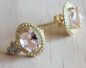 gold gemstone studs earrings, rose quartz gold statement earrings, gift for her or bridesmaid gift