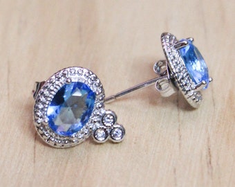 Blue topaz gemstone earrings, silver stud with blue stone, bridesmaid gift