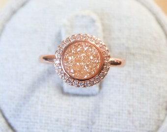 Statement rose gold ring, druzy raw natural gemstone 10 mm round ring with rose gold and white topaz stone