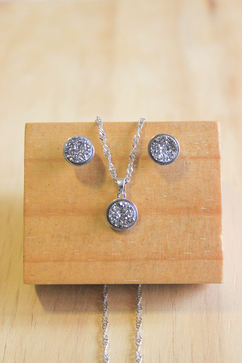 Druzy Silver Necklace with raw druzy stone stud earrings, dainty delicate chain silver stone pendant, wedding and bridesmaid gifts image 1