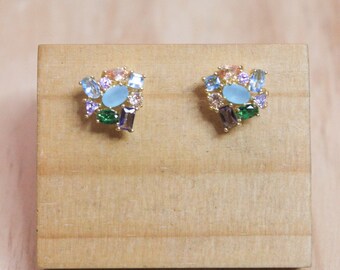 statement gemstone gold stud earrings, geometric earrings with multi-color stones, gift for her