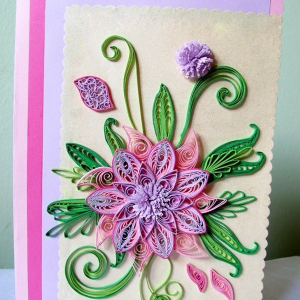 Note cards with large pink/lilac flower decoration, Quilling