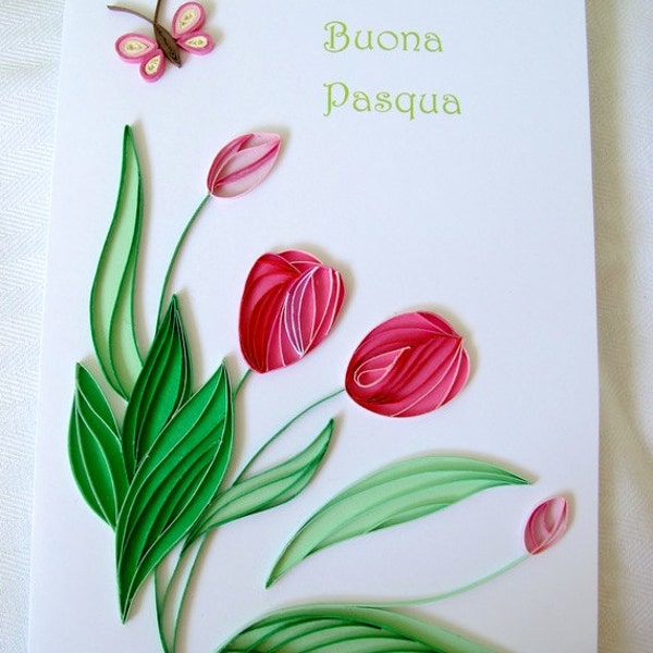 Easter card with tulips and Butterfly decoration, Quilling.