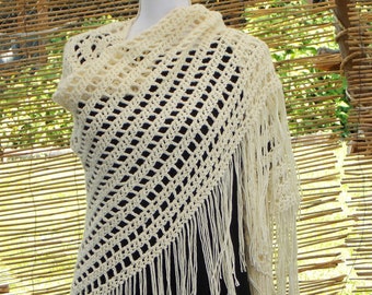 Bohemian Lace Fringe Shawl, Large Bridal Scarf