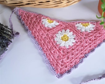 Crochet Daisy Bandana, Retro Hair Kerchief, Cottagecore Headband