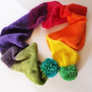 Color Block Scarf with Pompoms, Long Knit Scarf, Light Scarf, Happy Scarf, Vibrant Color Scarf, Winter Scarf, Gift for Her