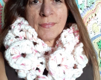Flower Cowl, Chunky handmade Infinity Scarf, Neck Warmer, Cowl with Large Flowers, Wearable Art, Original Design