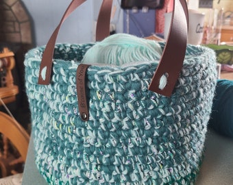 Artisan Yarn Basket, Green Crochet Project Bag with Leather Straps