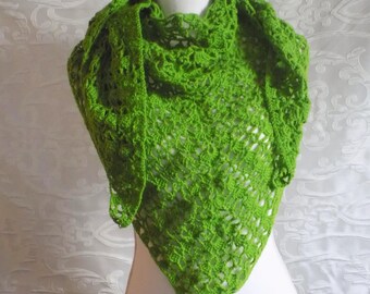 Alpaca Wool Blend Triangle Shawl, Green Crochet Bohemian Bridal Lace Wrap